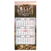 картинка Календарь квартальный 2027 г., 1 блок, 1 гребень, бегунок, МИНИ, офсет, BRAUBERG, "Символ года", 118356 в разных цветах с печатью логотипа.