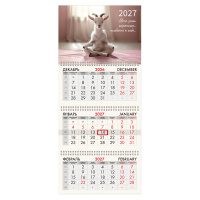 картинка Календарь квартальный на 2027 г., 3 блока, 3 гребня, бегунок, мелованная бумага, BRAUBERG FUN, "Goat yoga", 118440 в разных цветах с печатью логотипа.