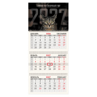 картинка Календарь квартальный на 2027 г., 3 блока, 3 гребня, бегунок, мелованная бумага, BRAUBERG FUN, "Sad cat", 118406 в разных цветах с печатью логотипа.